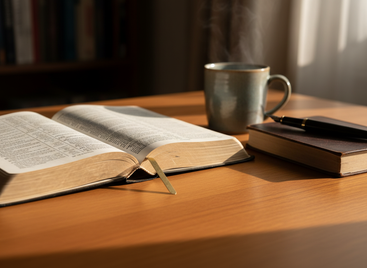 A well-worn, open Bible lying on a smooth wooden desk, its thin pages slightly curled and delicately textured, with passages clearly visible but too small to read individually. A simple brass bookmark rests across the center fold. Around it are a plain leather journal, a closed fountain pen, and a ceramic mug with faint steam rising. Soft morning sunlight filters through an unseen window from the left, creating gentle highlights on the page edges and subtle shadows across the desk. Photographic realism, shot at eye level with a shallow depth of field so the Bible is in sharp focus and the background softly blurred, conveying a calm, reverent, and trustworthy atmosphere suitable for thoughtful Bible teaching.