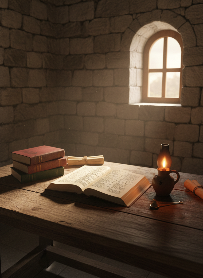 An expansive wooden table arranged for deep Bible study, featuring an open Bible at the center, a few stacked reference books with worn cloth covers, and a simple clay oil lamp emitting a faint warm glow. The pages show dense columns of text and cross-reference marks without any readable words. The scene is set in a quiet, minimal study space with stone walls and a single small window high on the right, letting in soft, diffused late-afternoon light. Photographic realism, captured from a slightly elevated angle with balanced focus across the table, creating a contemplative, reverent mood that honors Scripture and suggests serious, theologically careful study.